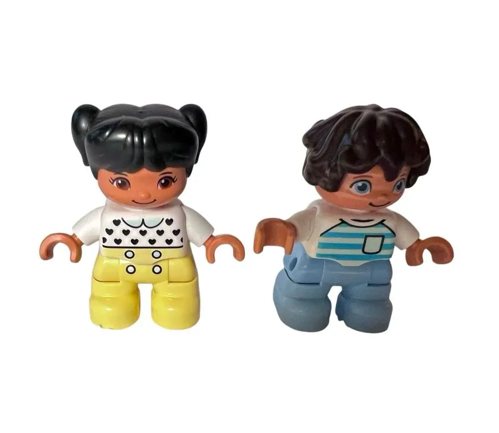 VTG Lego Duplo Girl W Black Hair Heart Print Top Boy W Brown Hair Blue Striped S